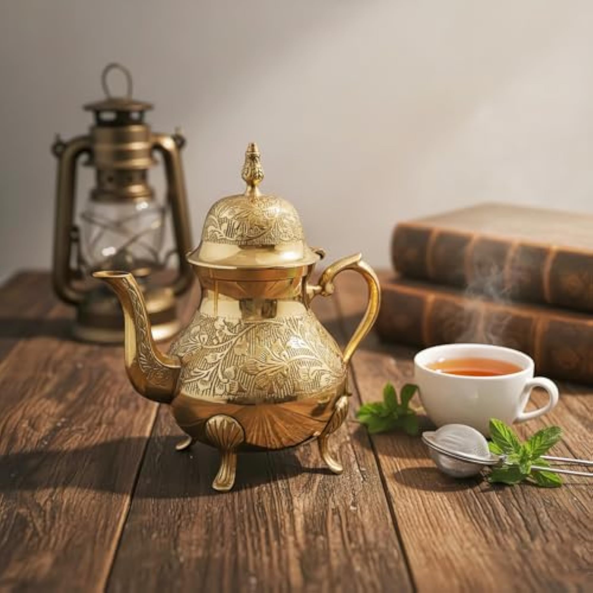 Mughal Style Brass Tea Kettle with Floral Etched Design